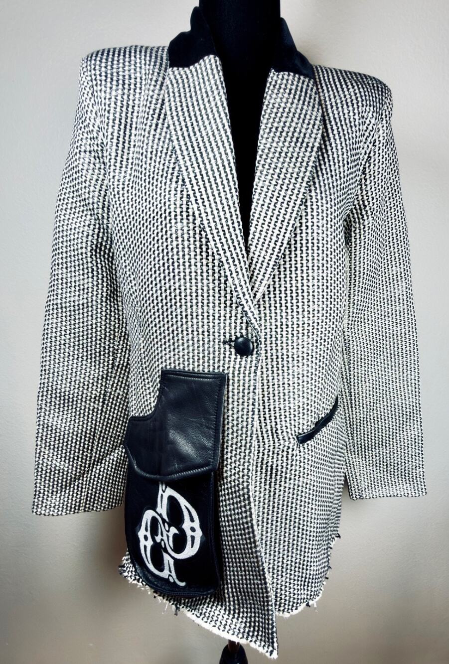 DYLANLEX Tweed Blazer Jacket NWT Black White Leather Pocket Velvet Collar Small